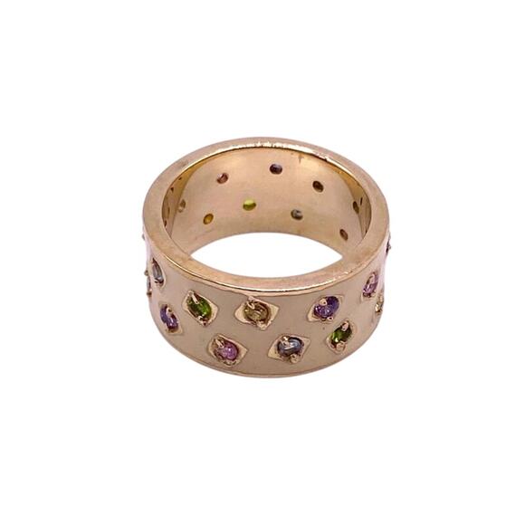 Sterling Silver Gold Vermeil Enamel Wide Band Ring With CZ Crystals - Picture 1 of 6